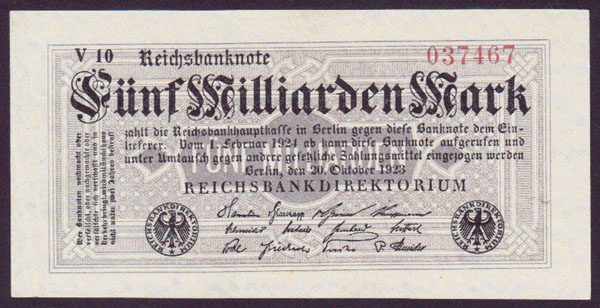 1923 Germany 5 Billion Mark (small type with serial) L000520